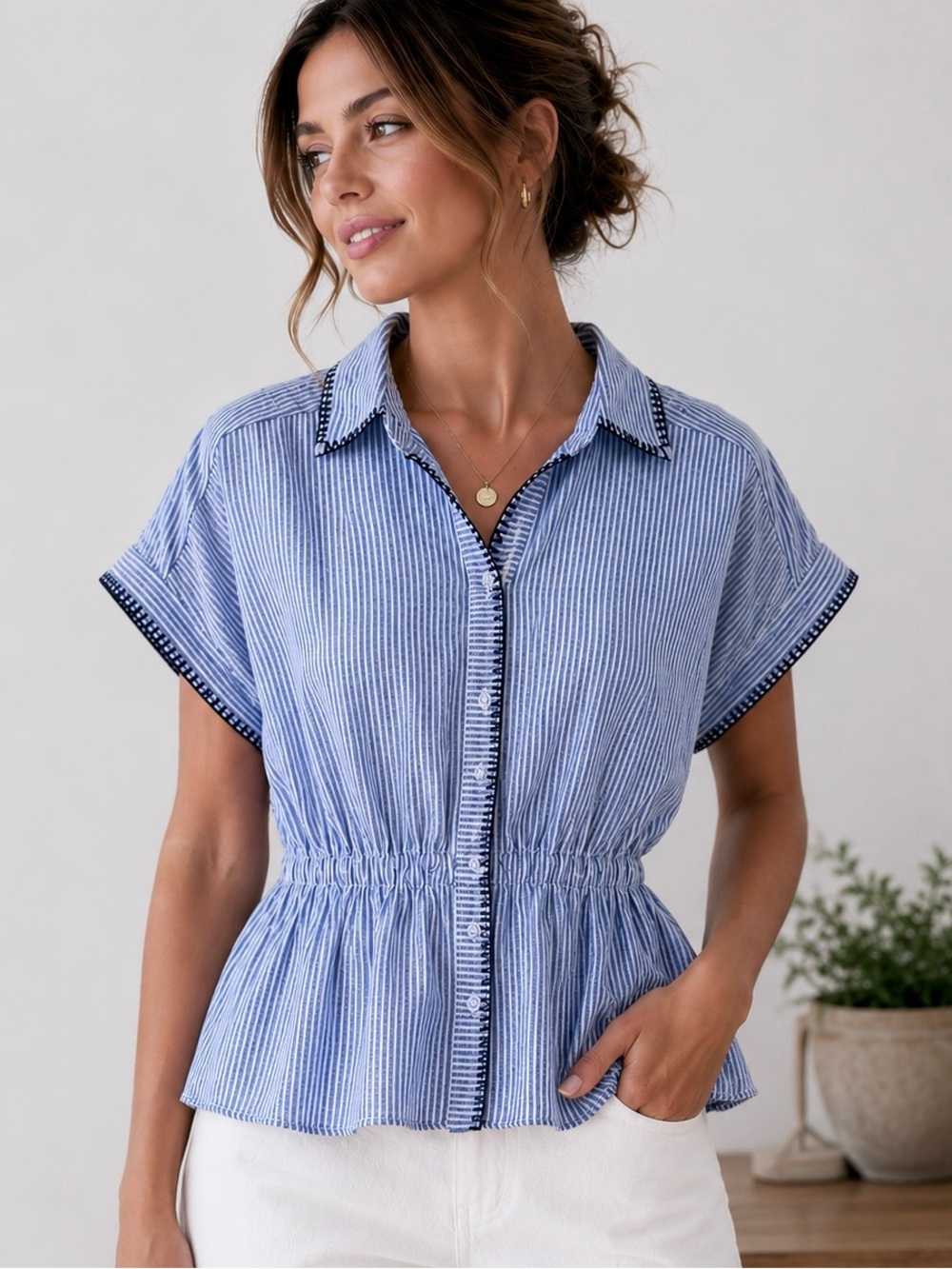 Calypso St. Barth Blue & White Stripe Linen Blend Peplum Top NWT Size Small